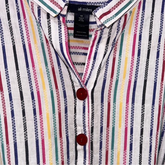 Ali Miles 1X Cotton Textured Rainbow Stripes Button Down Tunic Roll Tab Sleeve - Picture 5 of 15